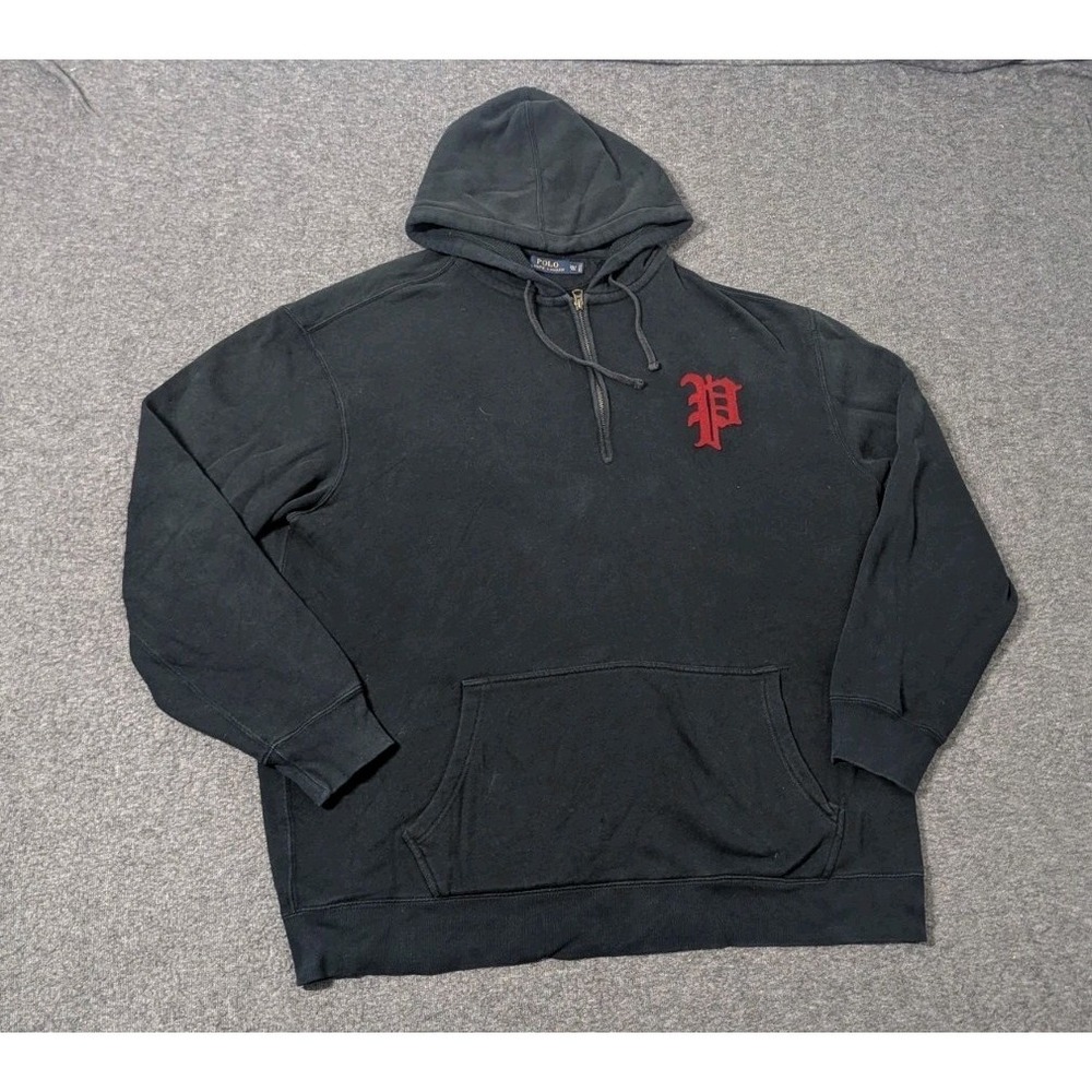Polo Ralph Lauren Hoodie Men's 2XLT Black P-Patch Logo Full Zip Gothic Goth